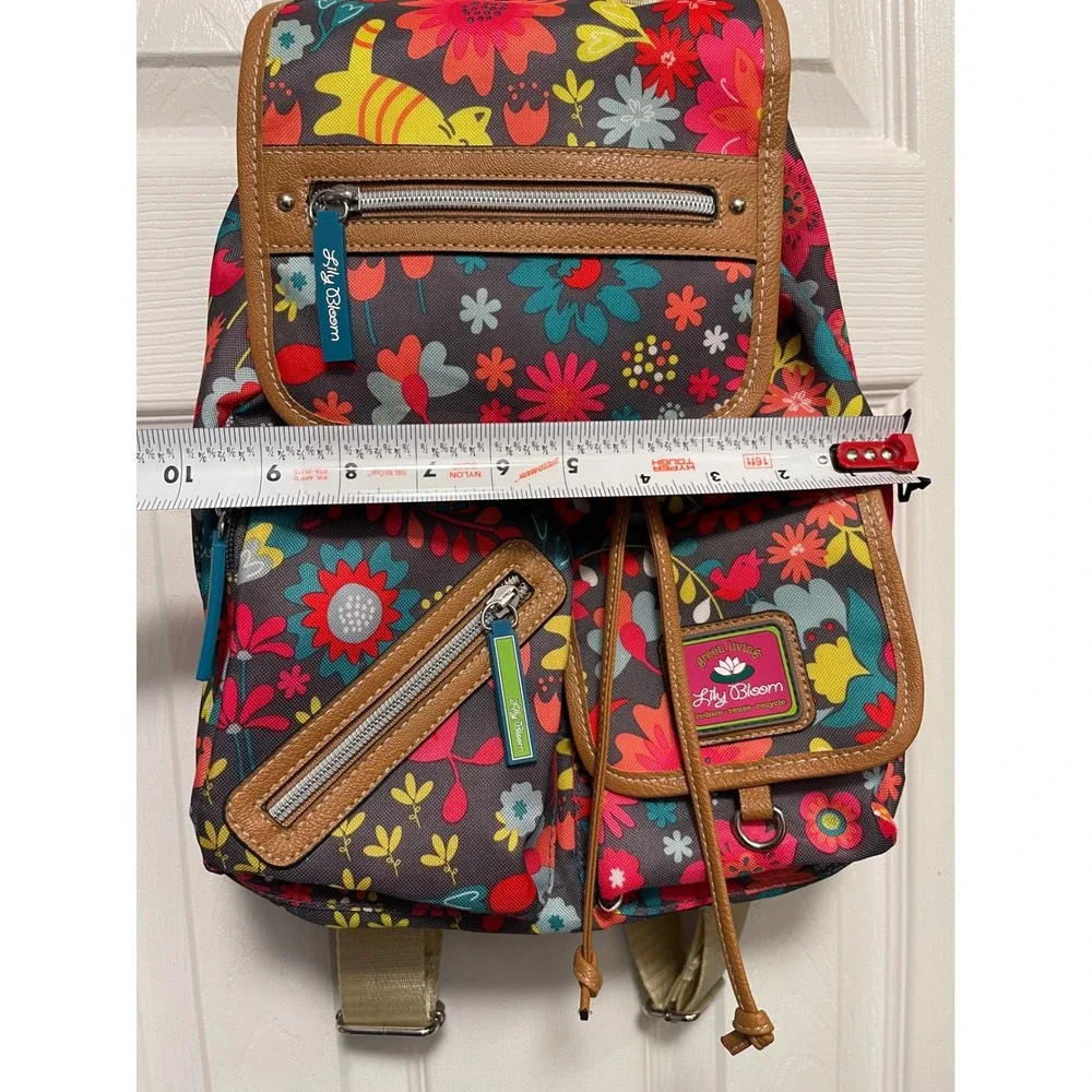 Lily Bloom Floral Cat Print Backpack Multi Color Recycled Fabric Drawstring Bag